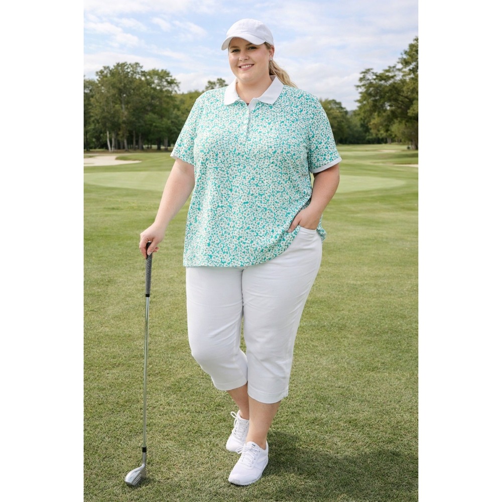 Laura Scott Woman Teal White Floral‎ Daisy Polo Shirt Plus Size 3X Short Sleeve